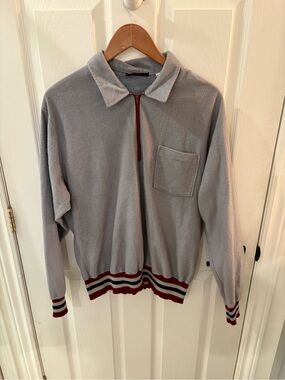 Vintage Men's Light Gray Fleece Pullover with Contrast Trim